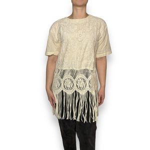 VTG Choon Womens Size 4 Lace Blouse Fringe Cream Festival 90s Flower Ivory Boho